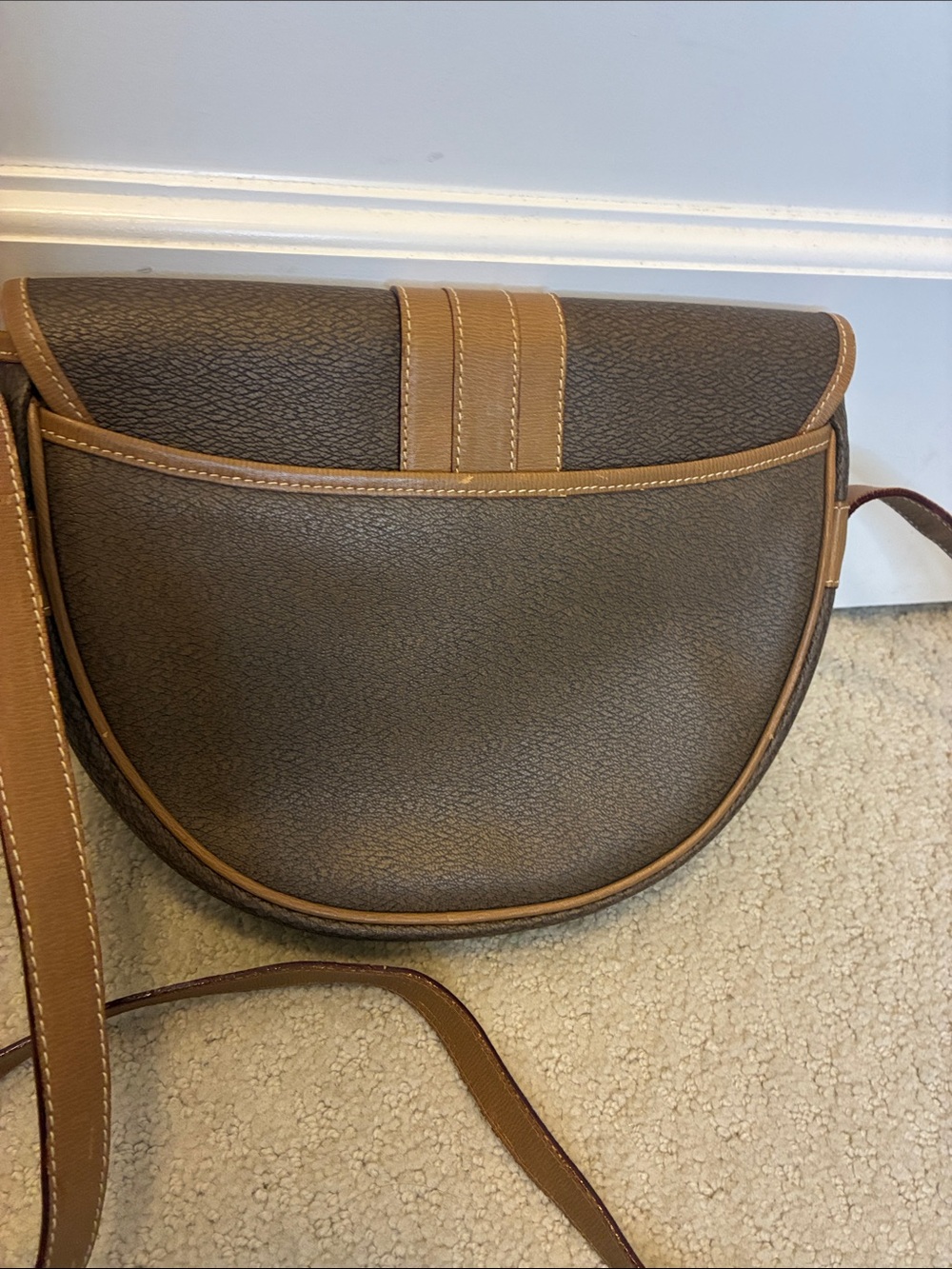 Vintage Lancel Paris Coated Canvas Crossbody Saddle Bag Brown Tan Trim👝 - Picture 10 of 11